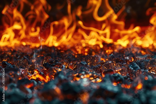 Burning Comfort: Close-up of Flames in Glass Fireplace Radiating Warmth