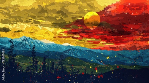 Colombia Flag Flying with Andes and Sun in the background. Symbol of Colombian patriotism in Red and Yellow colors - 16:9 aspect ratio © Serhii