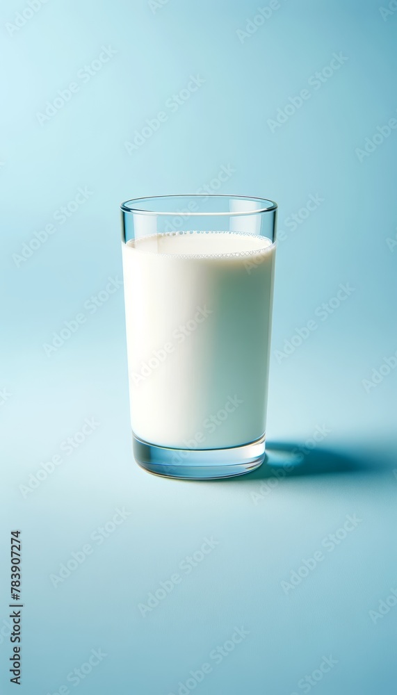 A tall glass of milk on a solid blue background.The image is vertical, with a striking backdrop. A tall glass of milk on a solid blue background.The image is vertical, with a striking backdrop.
