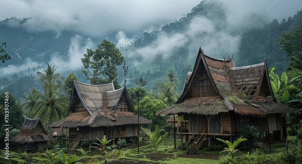 Exploring the Traditional Batak Houses, Indonesia - A Journey through Sumatra's Rich Cultural Heritage - obrazy, fototapety, plakaty 