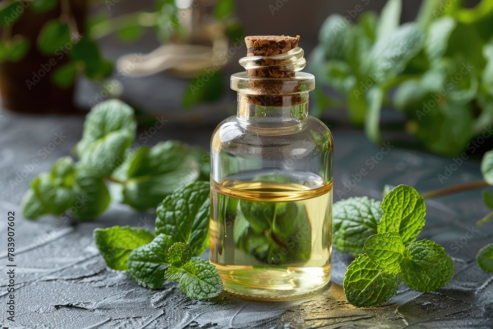 Fresh Aromatic Mint Oil in Glass Bottle with Mint Leaves - Natural Relaxation Essential Ingredient Fresh Aromatic Mint Oil in Glass Bottle with Mint Leaves - Natural Relaxation Essential Ingredient