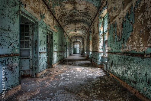 Abandoned asylum, long, decrepit corridors, walls with peeling paint, doors ajar to dark rooms, suspenseful and creepy