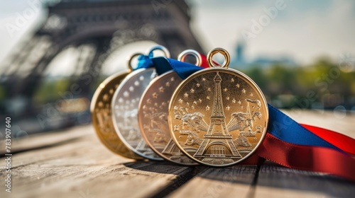 Olympic gold, silver and bronze medals with the Eiffel Tower in the background. Paris Olympic Games concept © Marco