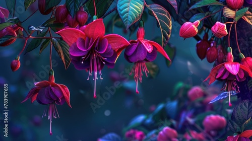Fuschia Flowers in Bloom: Vibrant Shades of Red and Purple on a Tree Branch with Lush Foliage photo
