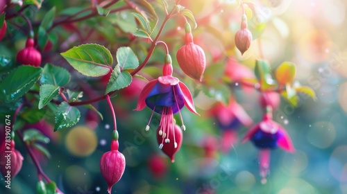 Fuschia Flowers in Full Bloom with Lush Foliage and Tree Branches - A Striking Floral Scene Brimming with Brilliant Reds and Purples photo