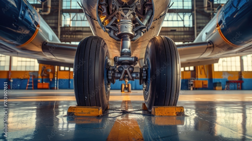Industrial Detail of Airplane Wheel. Landing Gear for Aerodrome Travel of Aircraft.
