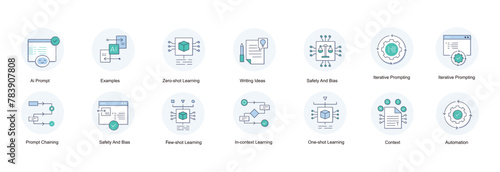 Optimizing Prompt Engineering. Icons for Ai prompt, in context learning, prompt iteration, prompt chaining, examples, few shot learning, zero shot learning, task framing, safety and bias, and more.