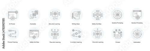 Optimizing Prompt Engineering. Icons for Ai prompt, in context learning, prompt iteration, prompt chaining, examples, few shot learning, zero shot learning, task framing, safety and bias, and more.