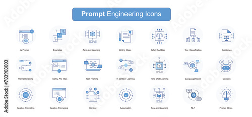 Optimizing Prompt Engineering. Icons for Ai prompt, in context learning, prompt iteration, prompt chaining, examples, few shot learning, zero shot learning, task framing, safety and bias, and more.