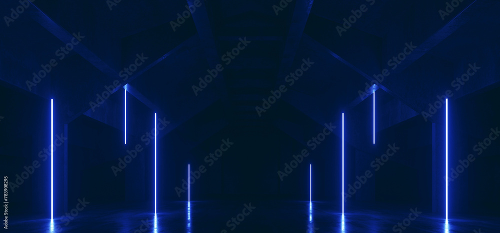 Fototapeta premium Sci Fi Old Barn Concrete Hangar Warehouse Neon Glowing Blue Line Lights Pillars Cement Concrete Asphalt Dark Garage Parking Modern Underground Corridor Tunnel 3D Rendering