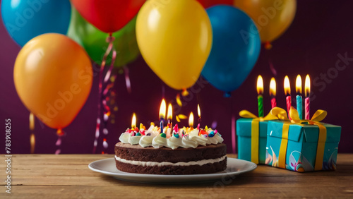 White Birthday cake with colorful Sprinkles over a blue background. 