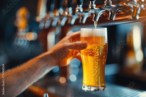 Refreshing Draught Beer Pouring from Bar Tap by Bartender for Restaurant or Pub Patrons - Cold Lager Served in Mug