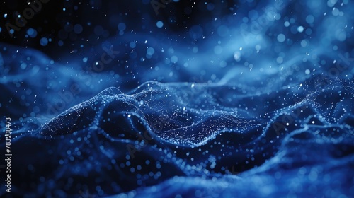 Small Particle Spraying in Dark Blue Fluid. Flowing and Shadowy Rain of Blue on Black Background with Deep Clarity © Web