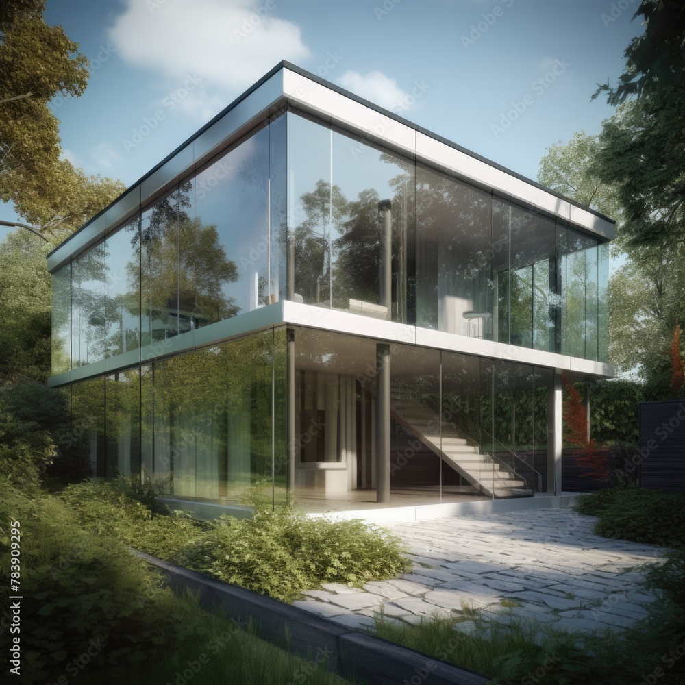 Modern private house made of glass and concrete in minimalist style. AI generative.