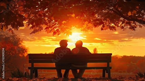 Elderly couple watching sunset from a park bench