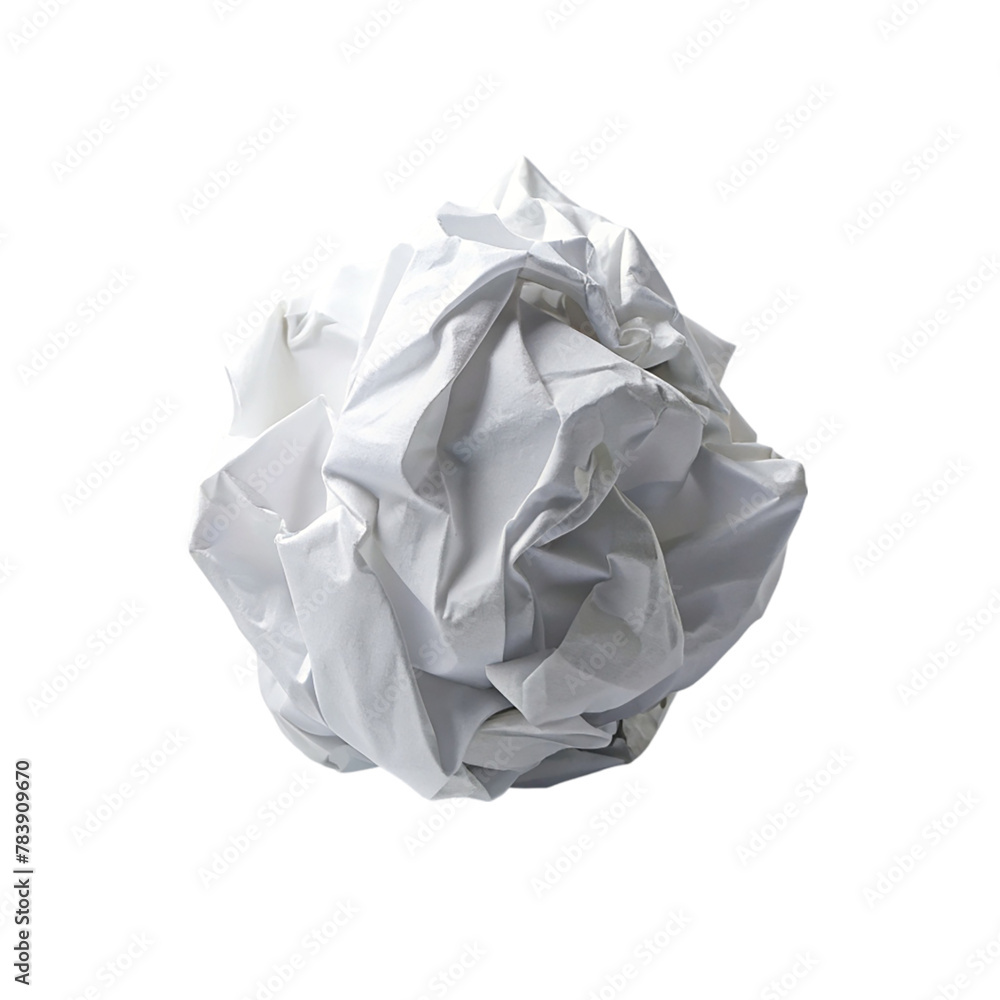 A crumpled piece of white paper on transparent background