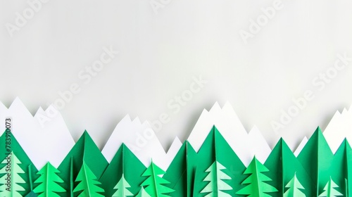 Colorful paper art forest and mountains. A creative panoramic paper art of a forest with bright colored trees against white mountains and a backdrop. Great for christmass postcard design inspiration