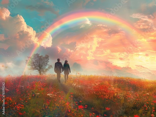 A couple walking in a meadow with a rainbow framing them in the distance