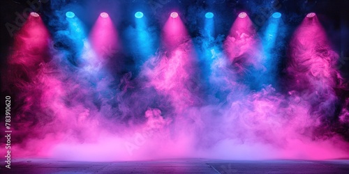 A stage emitting blue and pink smoke during a performance photo