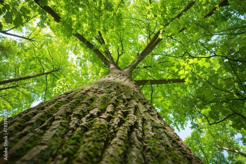 Looking up at a very tall tree with green leaves photo