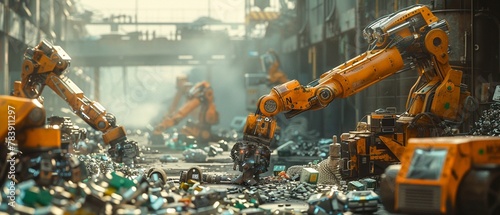 Recycling processes in a world driven by artificial intelligence, with robots sorting through materials and optimizing efficiency photo