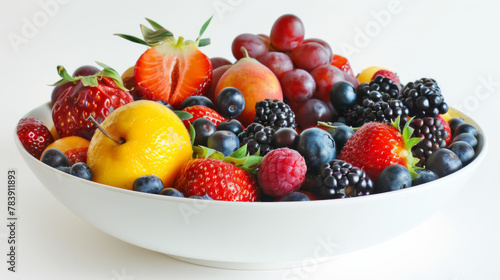 Bowl of Vibrant Fresh Fruits on Clean White Surface