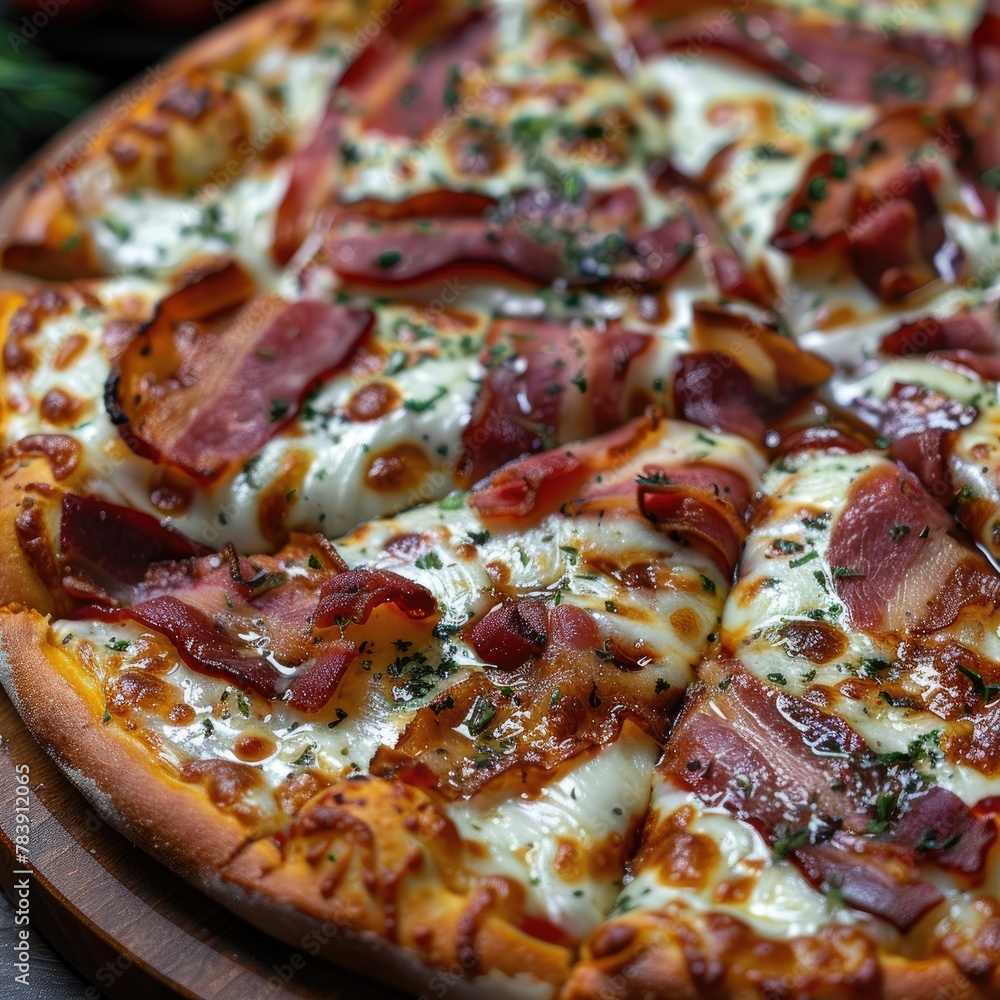 Bacon slices topping a freshly baked pizza with melted cheese Bacon slices topping a freshly baked pizza with melted cheese