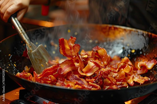 A chef tossing bacon pieces into a wok for a fusion stir-fry dish