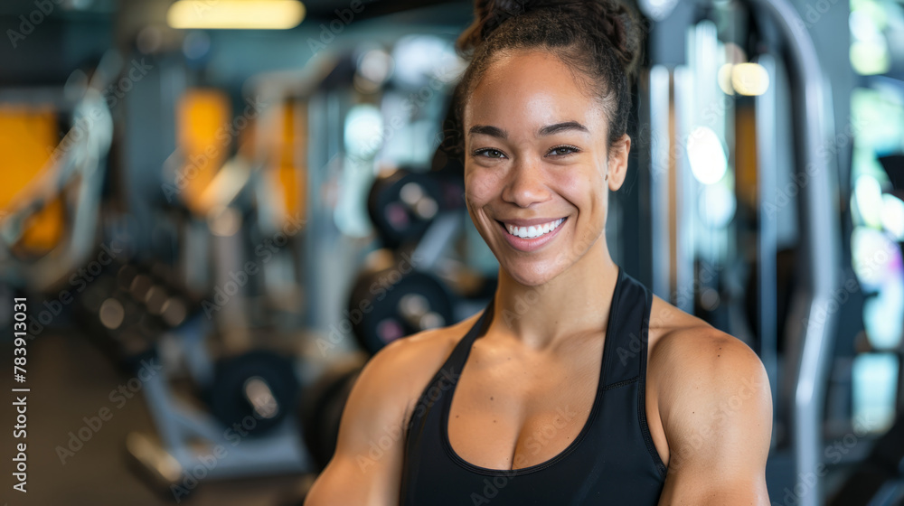 Portrait of a female fitness trainer in a gym, standing by exercise equipment and smiling at the camera Portrait of a female fitness trainer in a gym, standing by exercise equipment and smiling at the camera