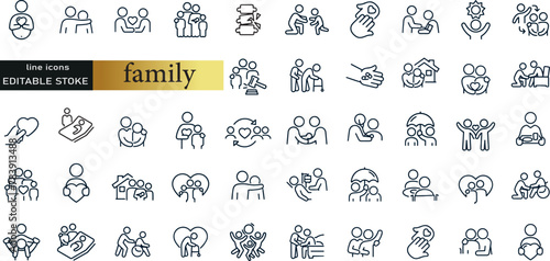 Types of family structures. Thin line icon set. Symbol collection in transparent background. Editable vector stroke photo