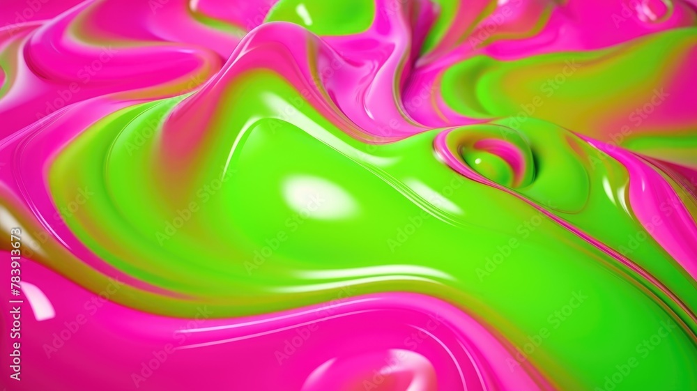 The close up of a glossy liquid surface in bright lime green and hot pink colors with a soft focus. 3D illustration of exuberant. generative AI