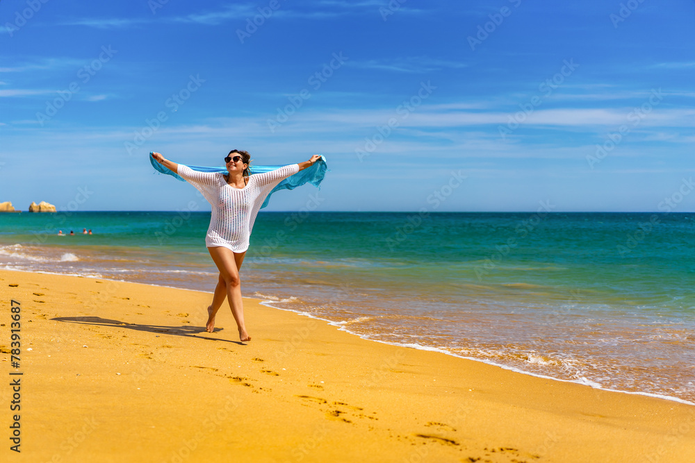 Beautiful woman walking on sunny beach holding shawl
Beautiful woman walking on sunny beach holding shawl