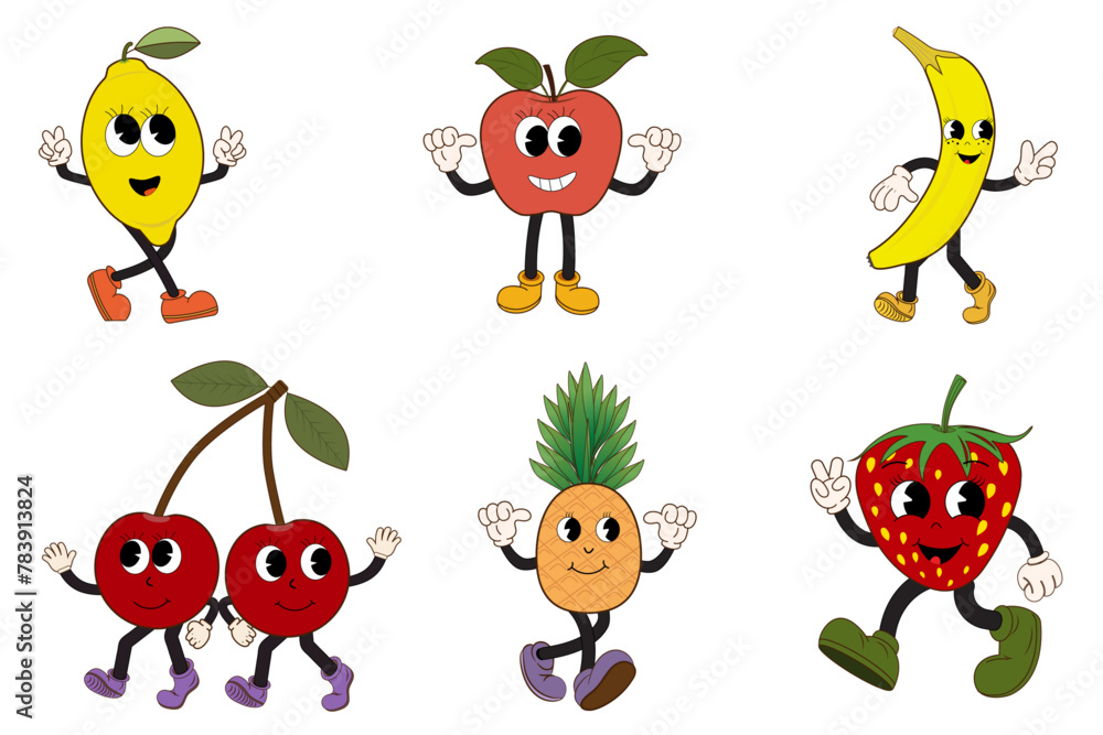 Obraz premium Set of fruits, retro cartoon character in groovy style. Vintage mascot lemon, apple, banana, cherry, pineapple, strawberry with a happy smile. Illustration of funky fruits and berries.