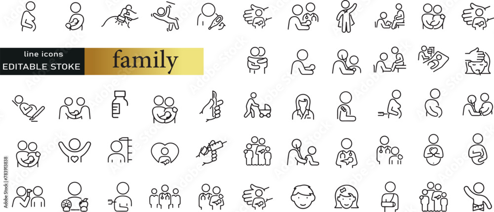 Types of family structures. Thin line icon set. Symbol collection in transparent background. Editable vector stroke