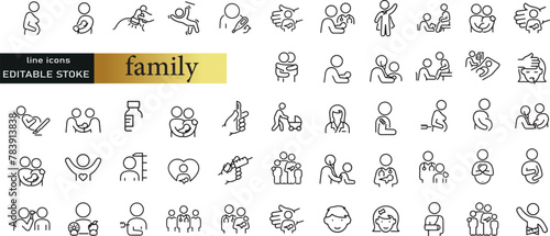 Types of family structures. Thin line icon set. Symbol collection in transparent background. Editable vector stroke