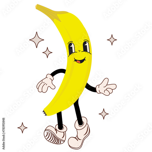 Groovy retro cartoon banana character in cool vintage 50s, 60s, 70s style. Fruit vintage mascot.