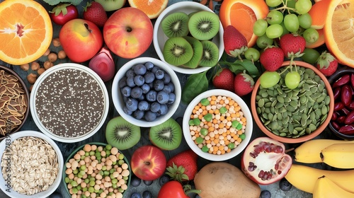 Assorted Fruits and Healthy Grains on Textured Background