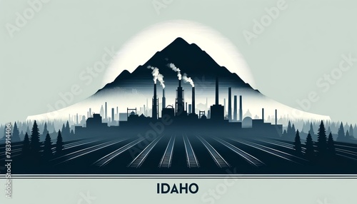 Minimalistic Monochrome Design Featuring Idaho Cityscape with Mountain Range for Regional and Environmental Concepts
