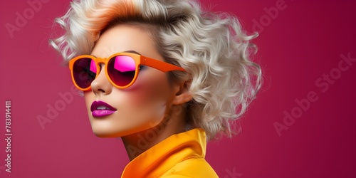 Captivating Blonde Beauty in Vibrant Pink and Orange Sunglasses Showcases Confident Glamorous Fashion Styling