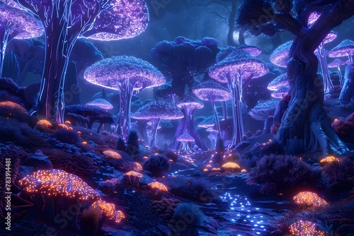 Enchanted Bioluminescent Mushroom Forest in Mystical Nightscape Landscape