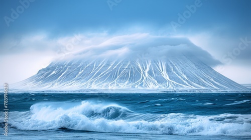  A snow-capped mountain rises from the center of a water body, waves gently lapping at its base, one cresting to ascend its side