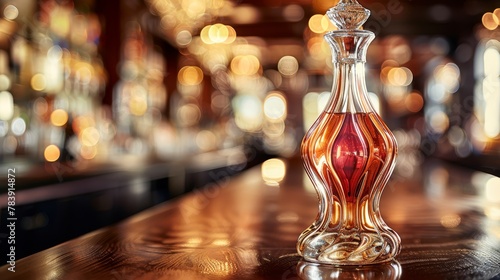   A clear glass decanter on the table, framed by a hazy backdrop of glowing lights