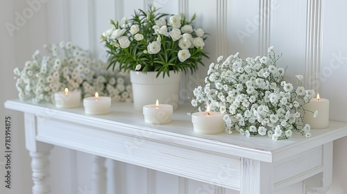  A table adorned with white flowers and candles sits beside a potted plant, while another potted plant graces the mantle's surface