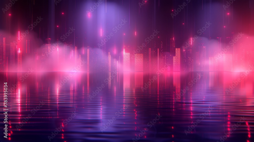 A vast expanse of water aglow with numerous pink and purple lights reflecting upon its surface, surrounded by structures bathed in soft hues in the background A vast expanse of water aglow with numerous pink and purple lights reflecting upon its surface, surrounded by structures bathed in soft hues in the background