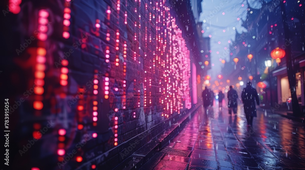   People walk down the street, passing a tall building adorned with neon lights