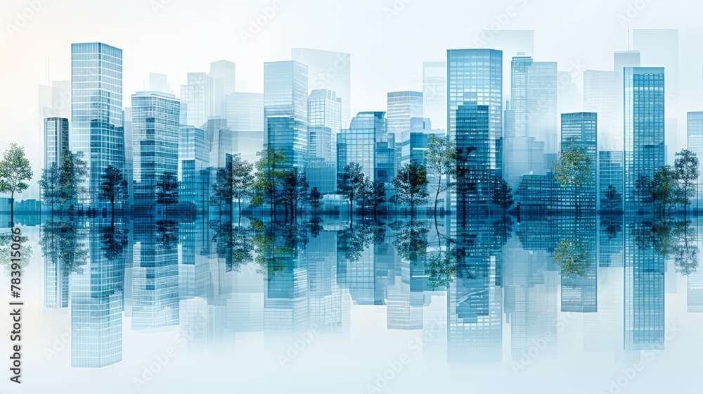   City skyline mirrored in tranquil water; trees in foreground, skyscrapers in background
