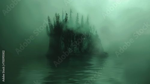   A fog-enshrouded lake, with an isle nestled in its center, and trees lining its banks photo