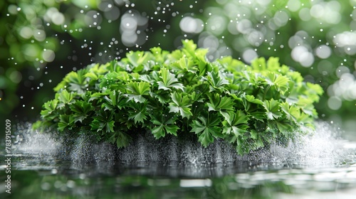   A tight shot of various green plants basking in a puddle  with water droplets scattering the ground beneath them