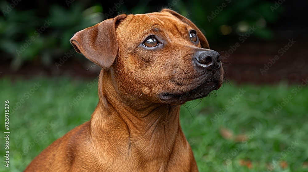   A tight shot of a brown dog on lush green grass Behind the dog are trees and bushy foliage