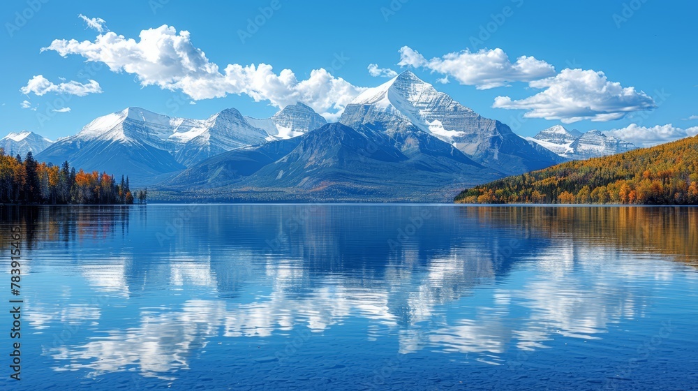   A mountain range mirrored in a tranquil lake, encircled by trees, under a blue sky adorned with white clouds